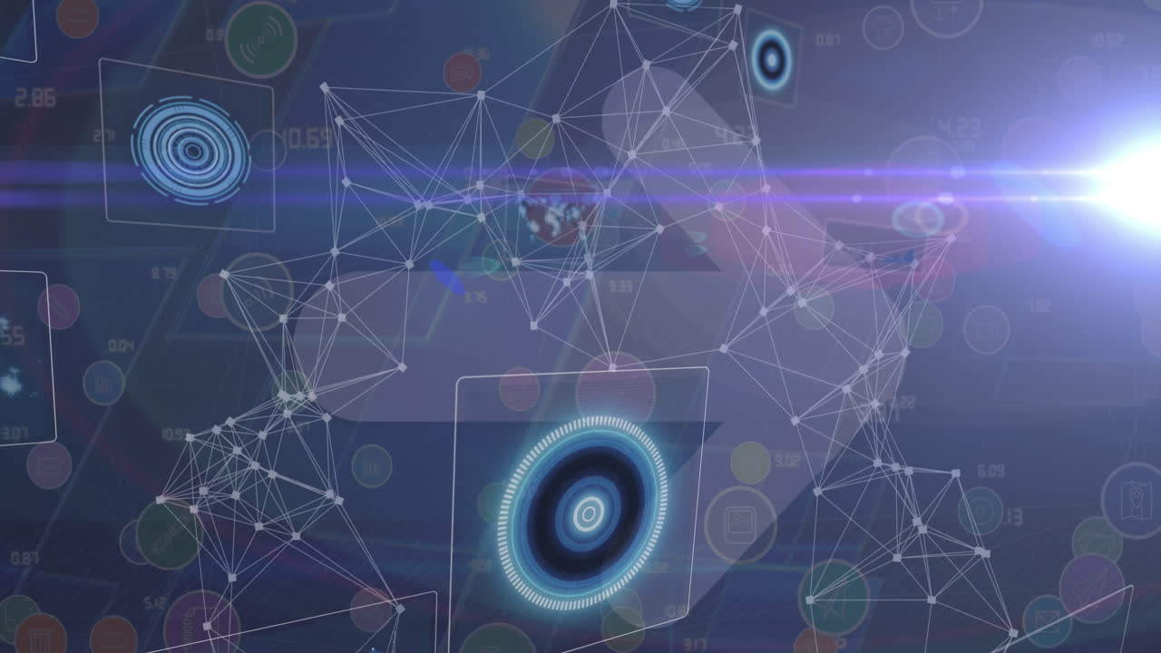 Animation of network of connections and arrow over data processing on black background