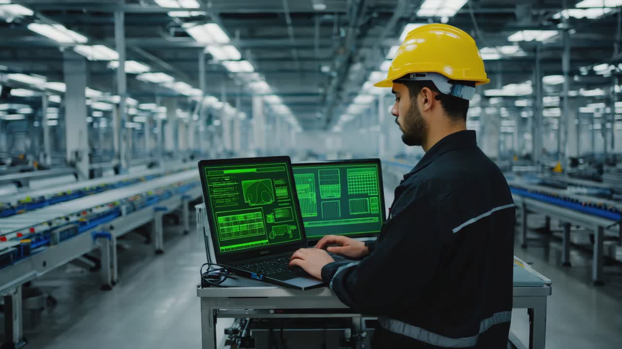 инженер, работающий на ноутбуке на современной фабрике