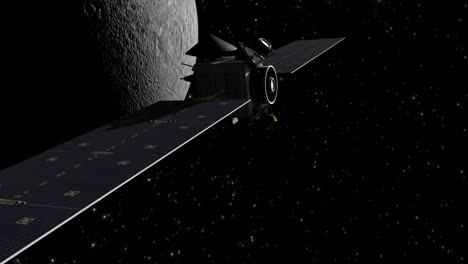 Spacecraft with Solar Panels Approaching a Celestial Body in Deep Space