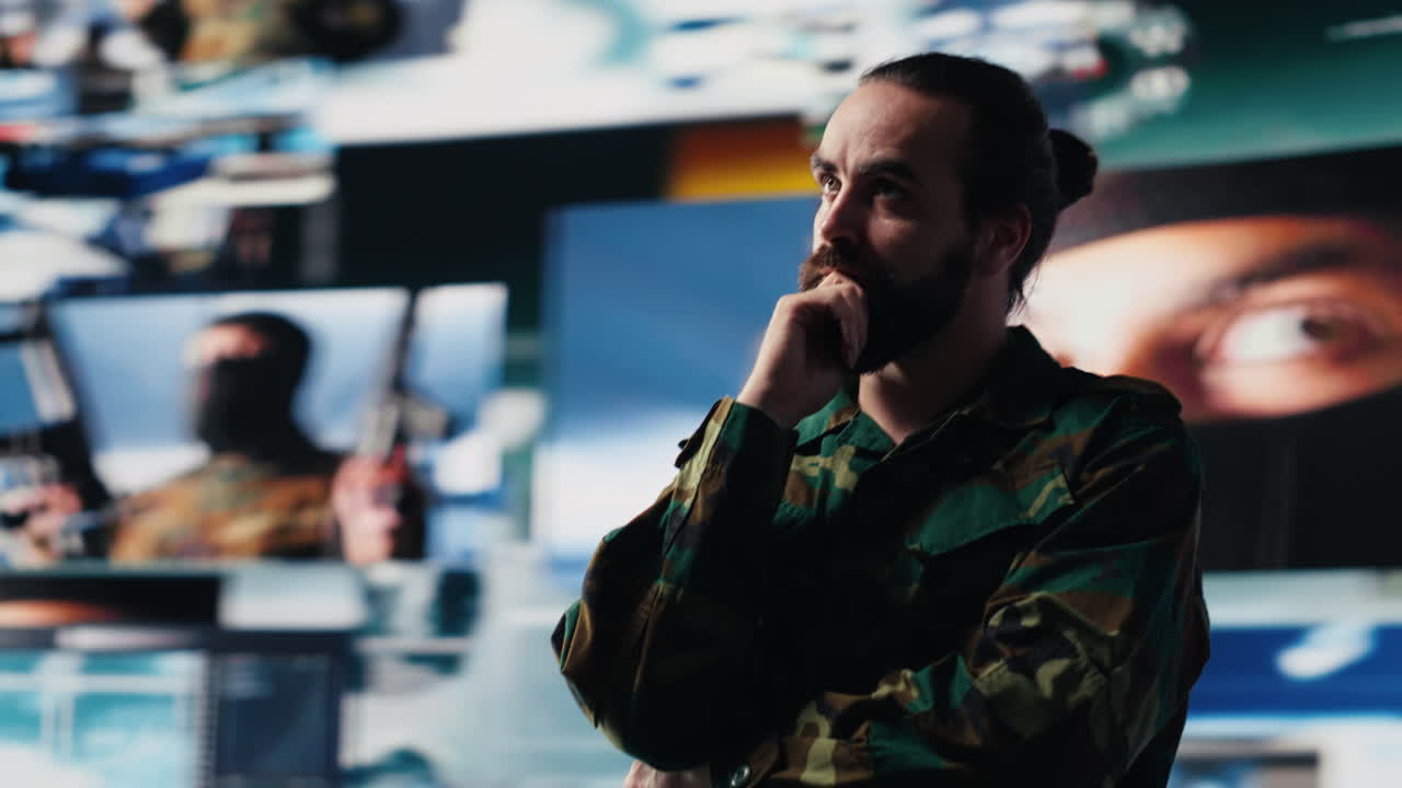 Military soldier satisfied with data collected from surveillance footage
