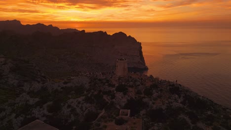 Es-Colomer-Island-Albercutx-watchtower-sunset,-Cap-Formentor,-Mallorca,-Spain