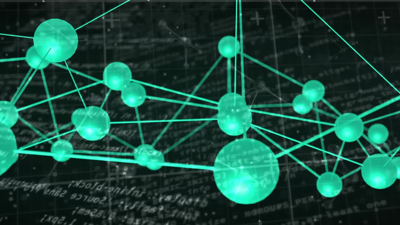 Camera pulling back while teal nodes rotating, stretching and aligning, showing network connections