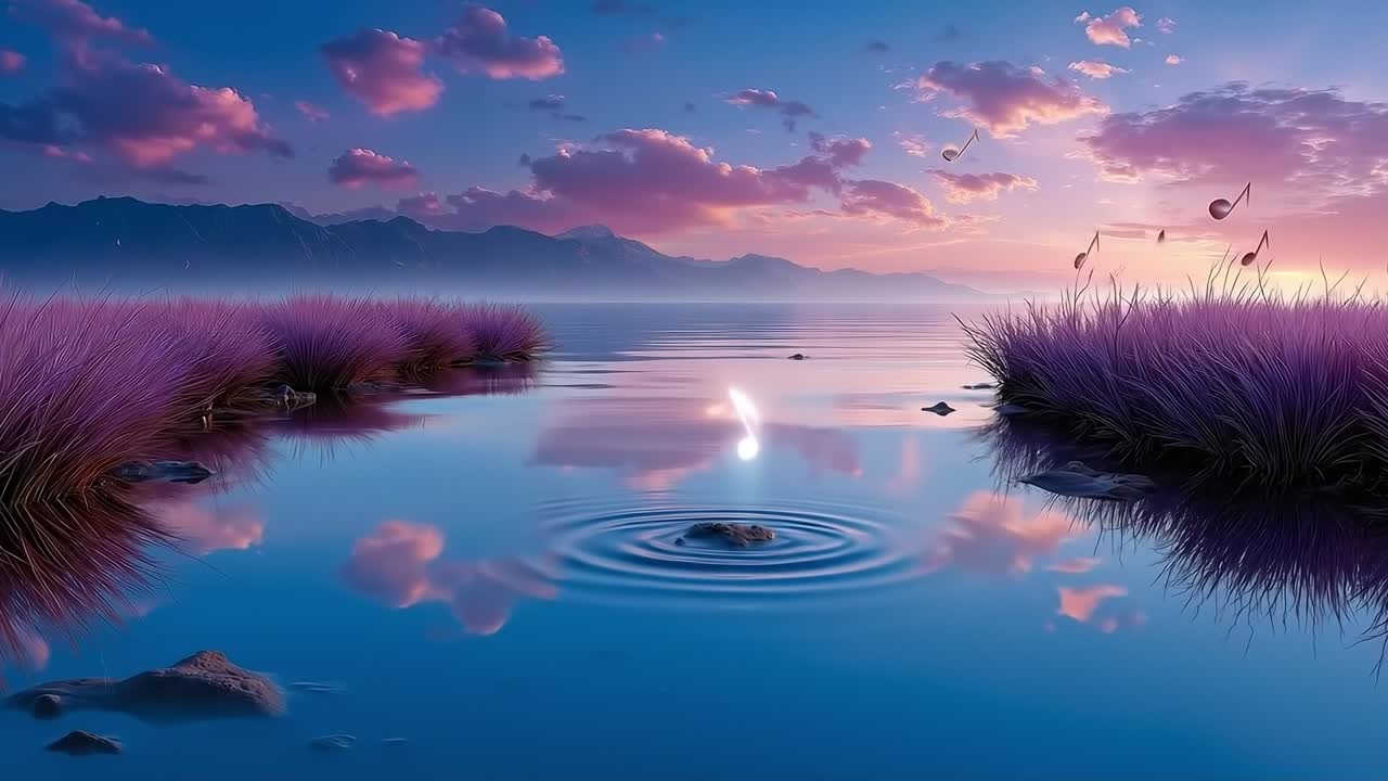 A picture of a lake with music notes floating in the water