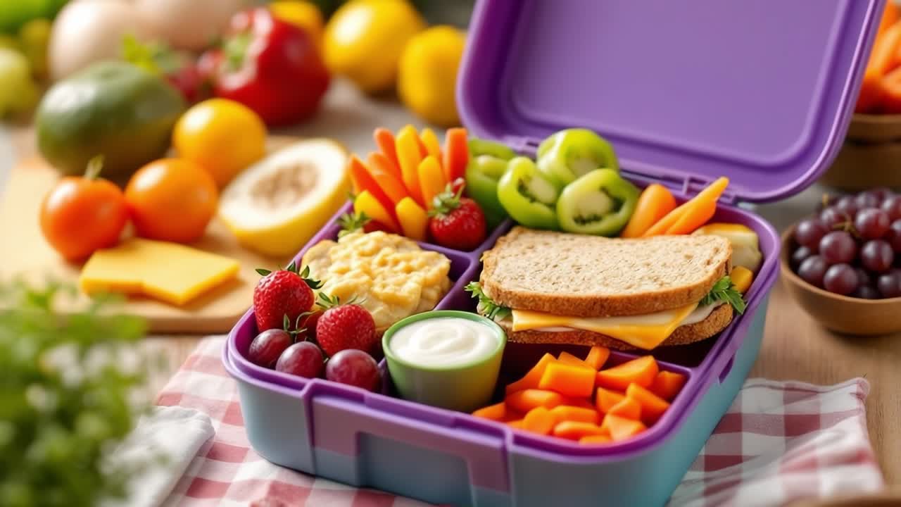 Colorful lunchbox featuring a variety of healthy snacks, including fresh fruits, crunchy vegetables, and a sandwich, arranged neatly for a nutritious meal, showcasing vibrant colors and textures