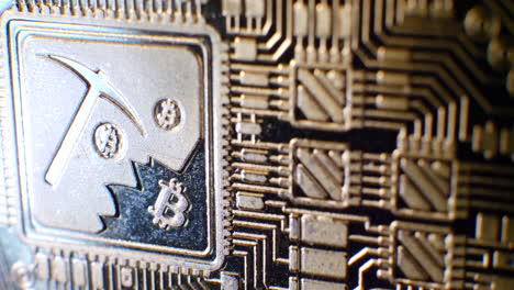 close up on a cryptocurrency bitcoin mining emblem on the digital currency with security and encryption circuits