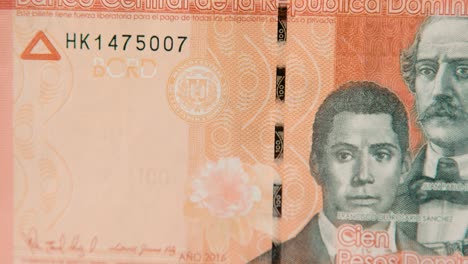 close-up of 100 dominican pesos banknote featuring founding fathers