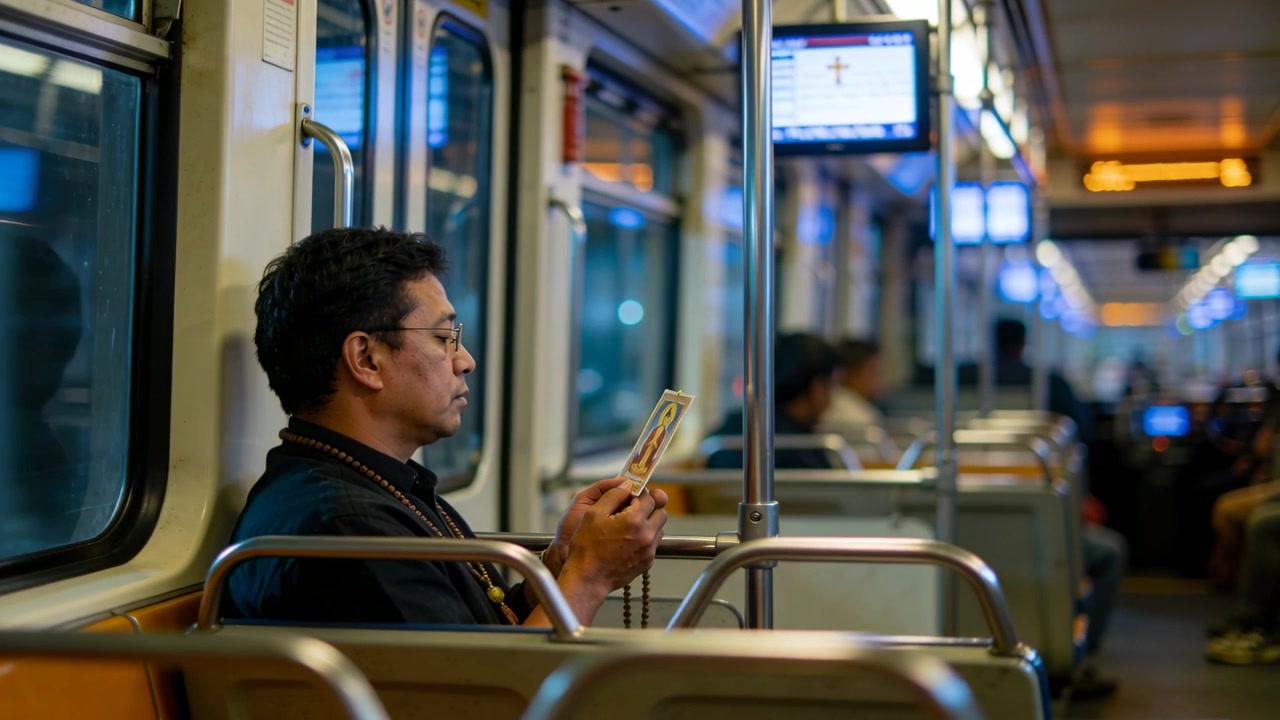 Studying Asian man wearing jacket holding prayer card, beads on moving train for prayer, copy space