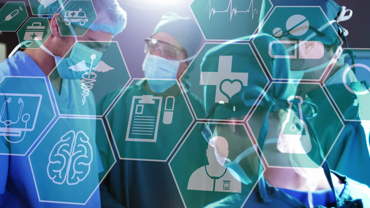 수술실에서 다양한 그룹의 의사들에 대한 의료 아이콘의 애니메이션