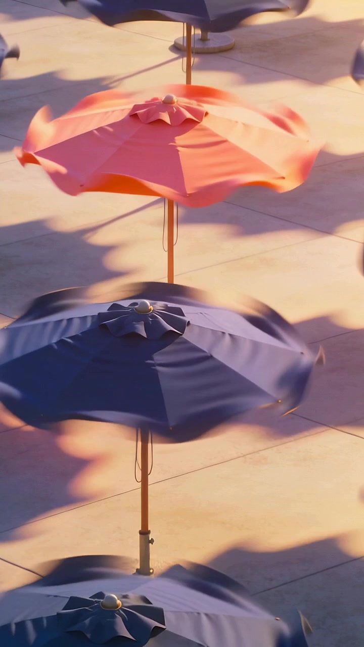 Video verticale: Ombrelloni color corallo e due blu navy che ondeggiano nella brezza, spostandosi sul marciapiede e proiettando ombre