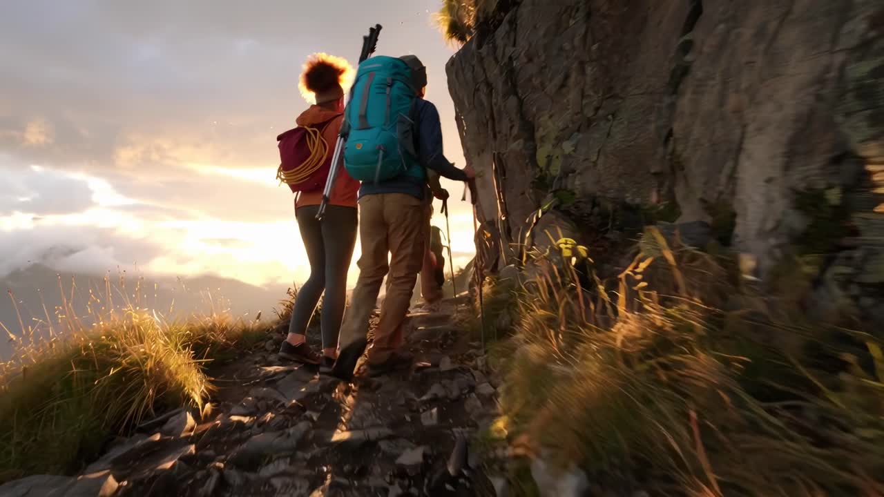 Vídeo dinâmico em ângulo baixo de caminhantes em uma trilha rochosa ao pôr do sol, capturando aventura e natureza