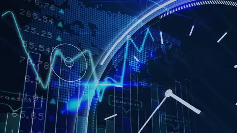 animation of multiple graphs with clock, map and stock market data on abstract background