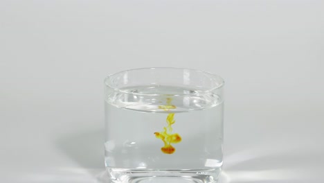 a pipette releases yellow dye into a glass of water, creating swirling patterns as it disperses.