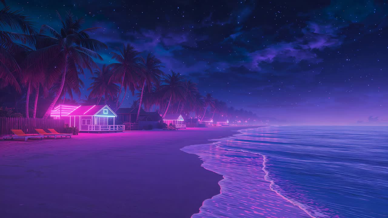 Cattura onde che riflettono il bagliore al neon sulla spiaggia di notte, mostrando bungalow, palme e stelle