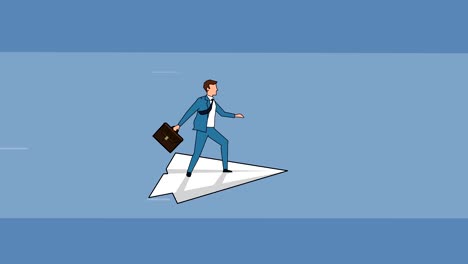 flat cartoon businessman character flying on paper airplane entering to the exit keyhole success concept animation
