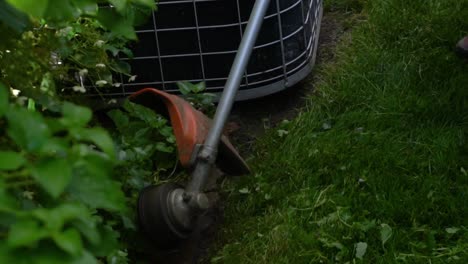 Closeup-of-a-weed-wacker-trimming-the-edge-of-grass-in-yard