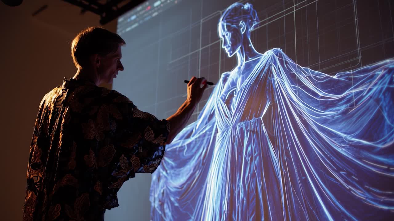 An artist creating a stunning digital illustration of a figure in an ethereal garment, showcasing the blend of technology and creativity captured through light and intricate design techniques