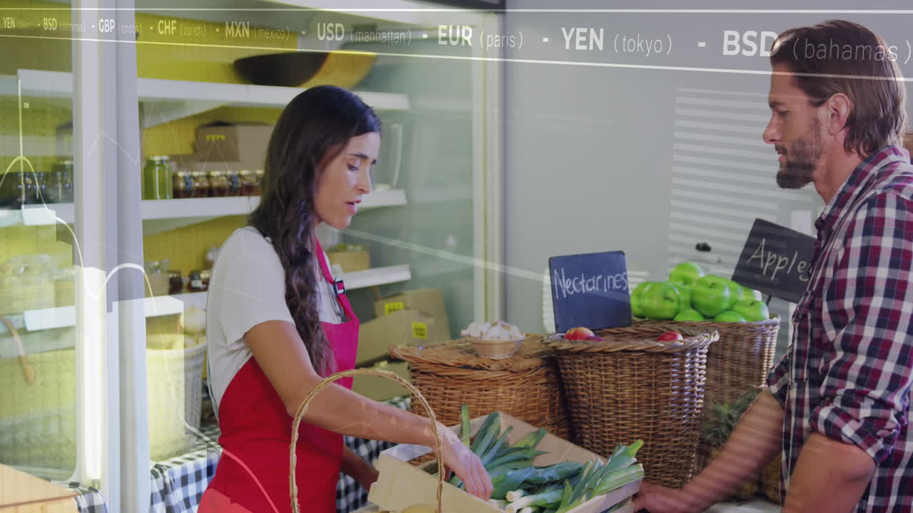 카우카스계 여성 상점 직원과 남성 고객에 대한 금융 데이터 처리의 애니메이션