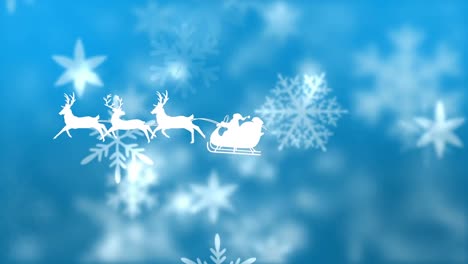 Weihnachtsmann-Im-Schlitten,-Der-Von-Rentieren-Vor-Schneeflocken-Gezogen-Wird,-Die-Auf-Blauem-Hintergrund-Schweben