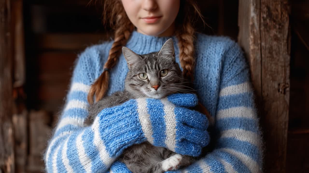 A Cozy Moment: A Girl in a Blue Striped Sweater Tenderly Holds a Cat, Capturing the Essence of Comfort and Friendship in a Rustic Setting