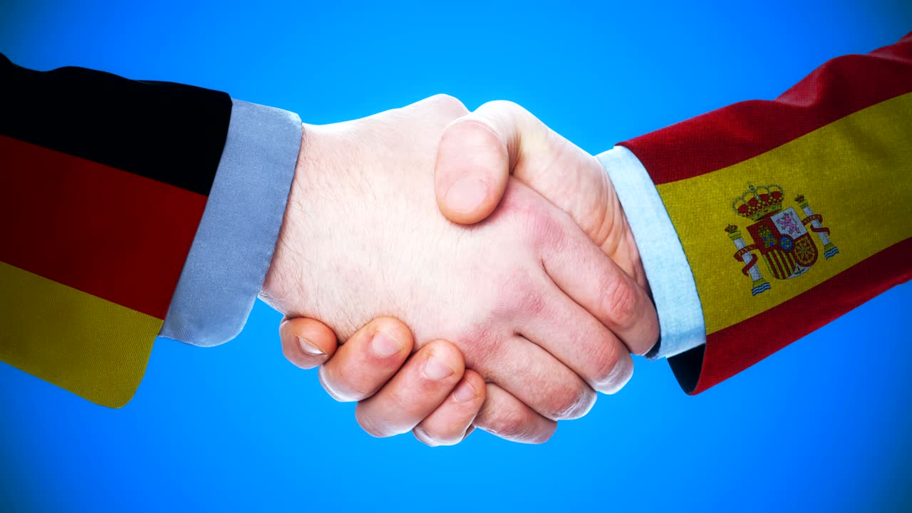 Alemania - España / Animación conceptual de apretón de manos sobre países y política / Con canal alfa