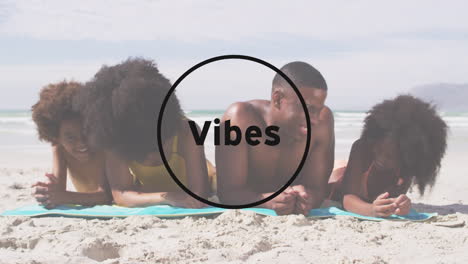 animación de vibraciones texto con familia afroamericana en la playa