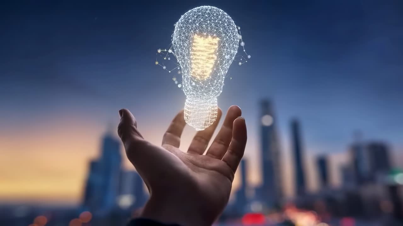 Eine Hand hält eine digitale Glühbirne vor einer Stadtlandschaft in der Dämmerung, aus einem niedrigen Winkel aufgenommen, Videokonzept.