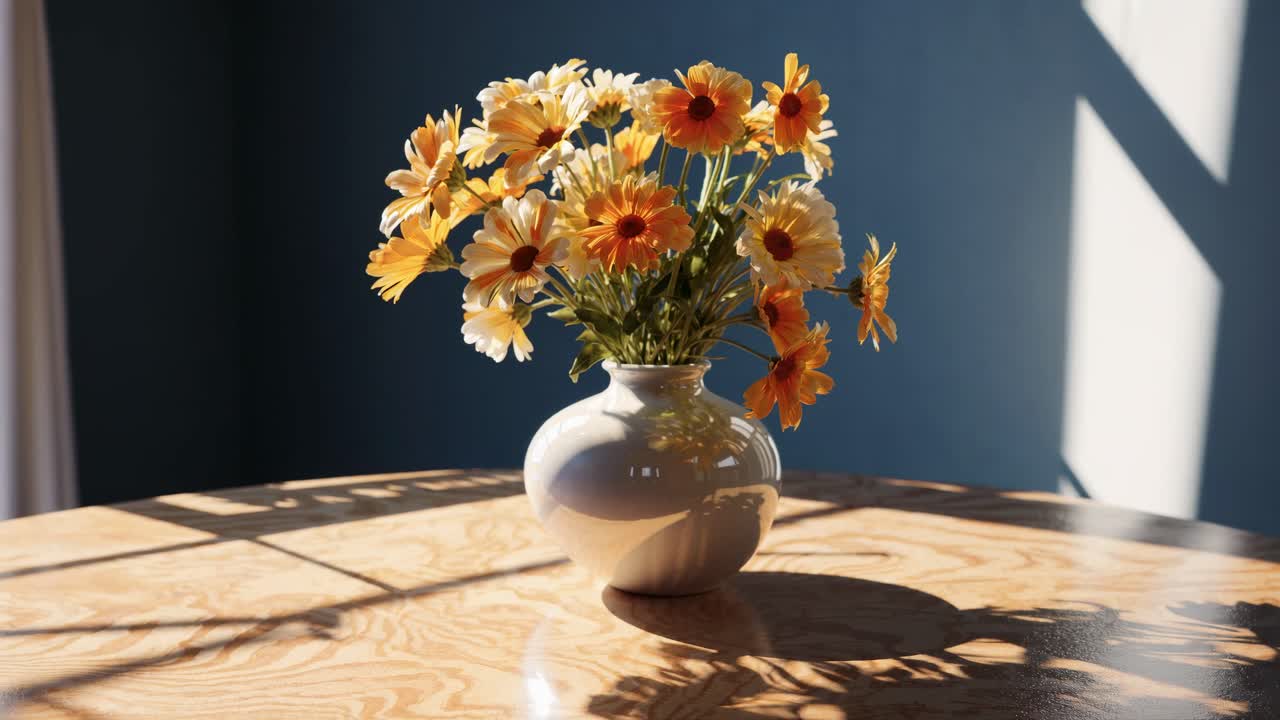 A close-up video angle of a vase with vibrant daisies on a sunlit wooden table, casting soft shadows