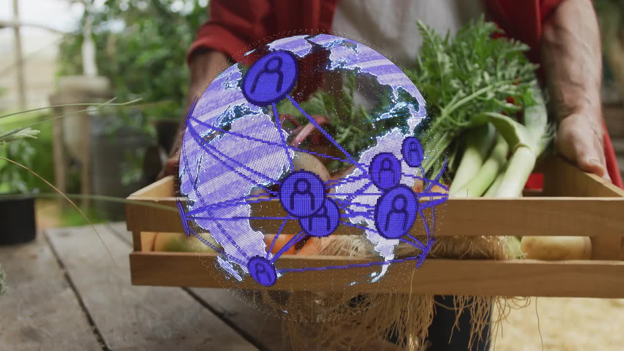 Giardiniere che posiziona una cassa di verdure sul tavolo, generando un globo trasparente che collega i prodotti tramite tecnologia