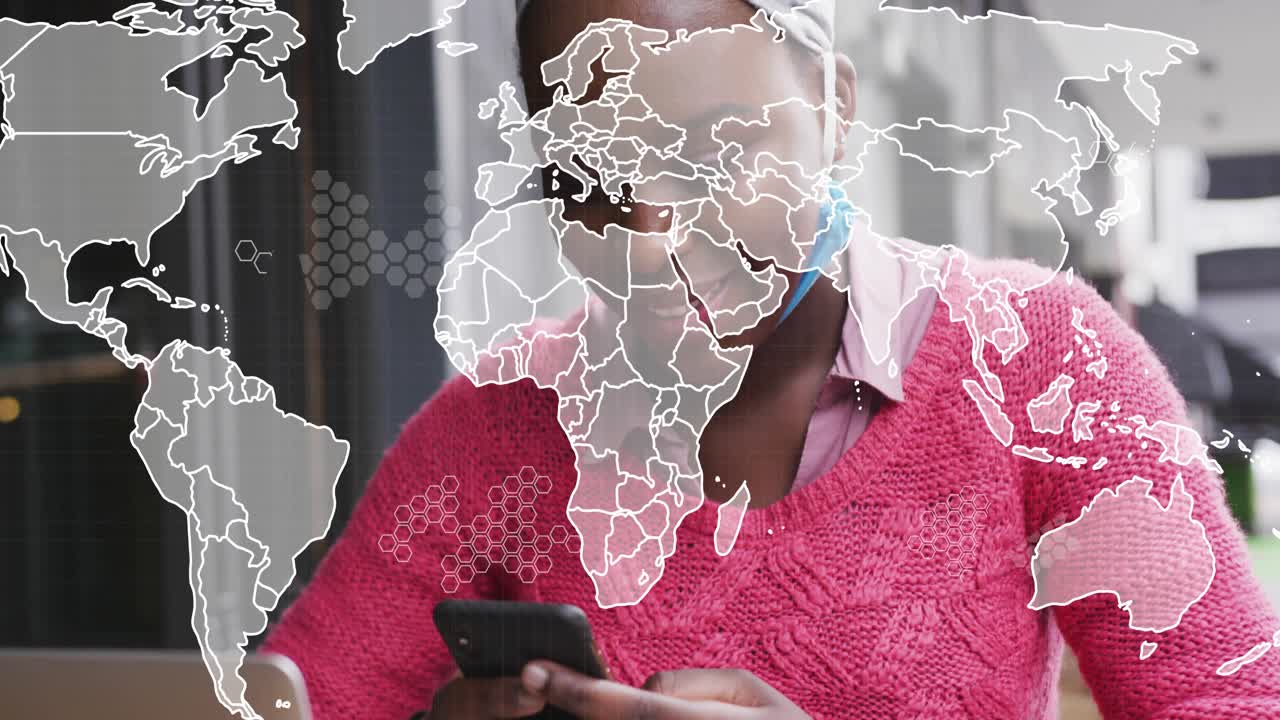 Woman tapping phone in cafe, causing fading world map overlay over laptop, cup, enabling business