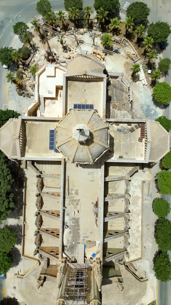 Aerial drone view of the Gozo island in Malta, in the Mediterranean Sea. Vertical