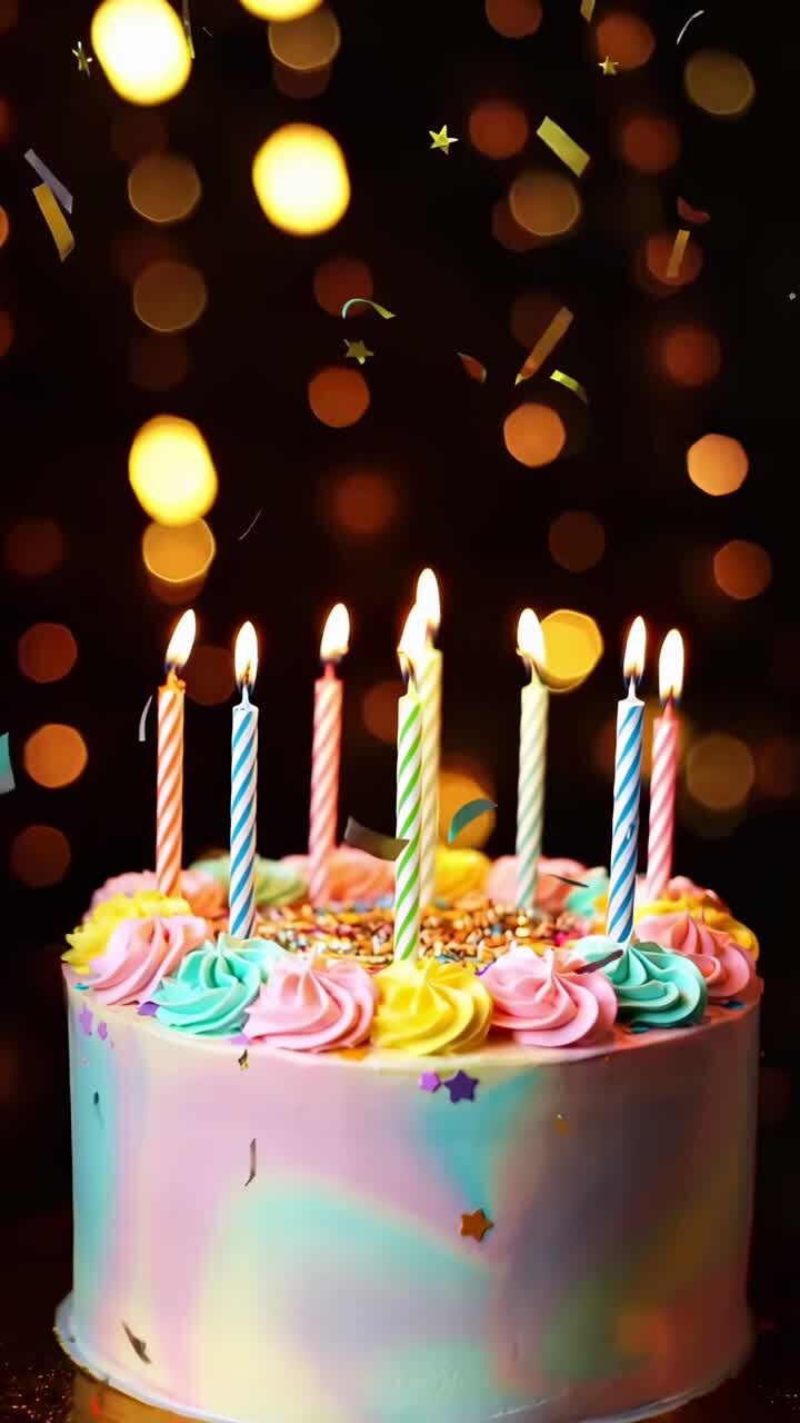 Tarta de cumpleaños colorida con velas encendidas y confeti cayendo