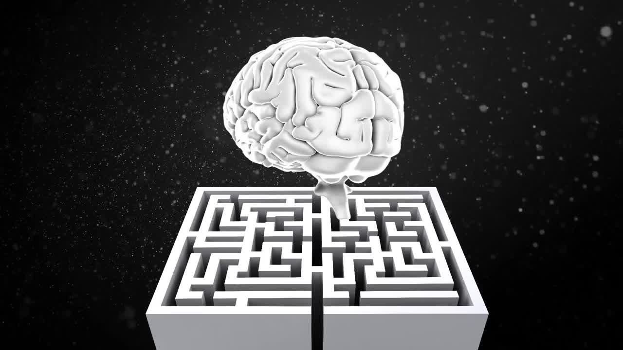 Animation of digital brain over maze on black background
