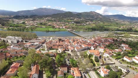 Aerial-View-City-Buildings-of-Ponte-de-Lima-and-River-Lima-in-Portugal