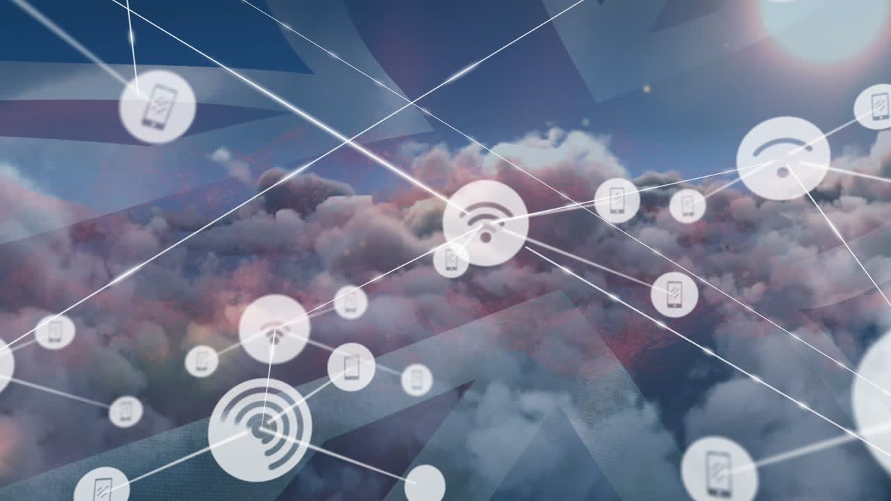 animación de la red de conexiones con iconos sobre el flash británico y el cielo