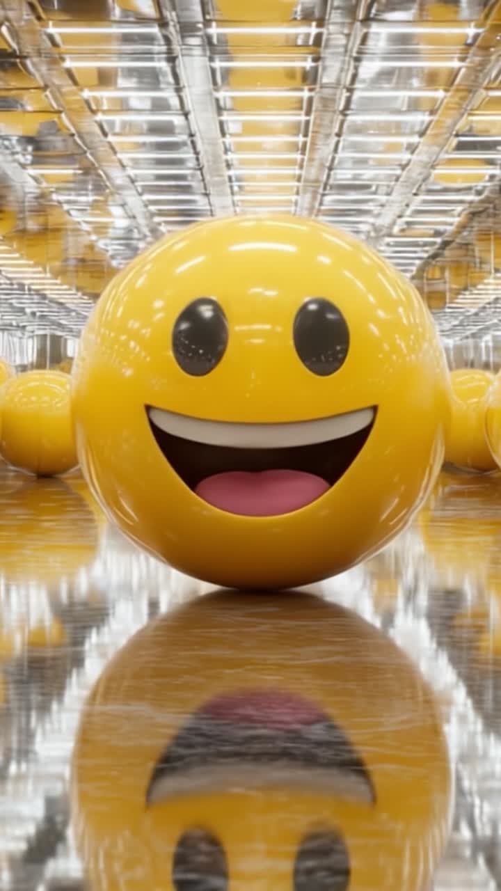 Un'emoji smiley gialla, allegra e lucida, che rotola attraverso un corridoio riflettente e luminoso, pieno di personaggi vivaci simili, irradiando gioia e positività.