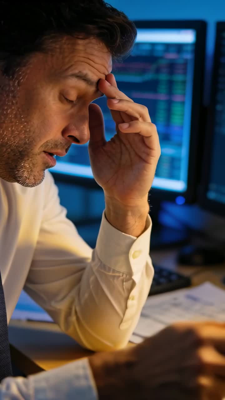 Video verticale: Uomo che scansiona documenti, si ricompone mentre i monitor mostrano grafici finanziari, e solleva una tazza.