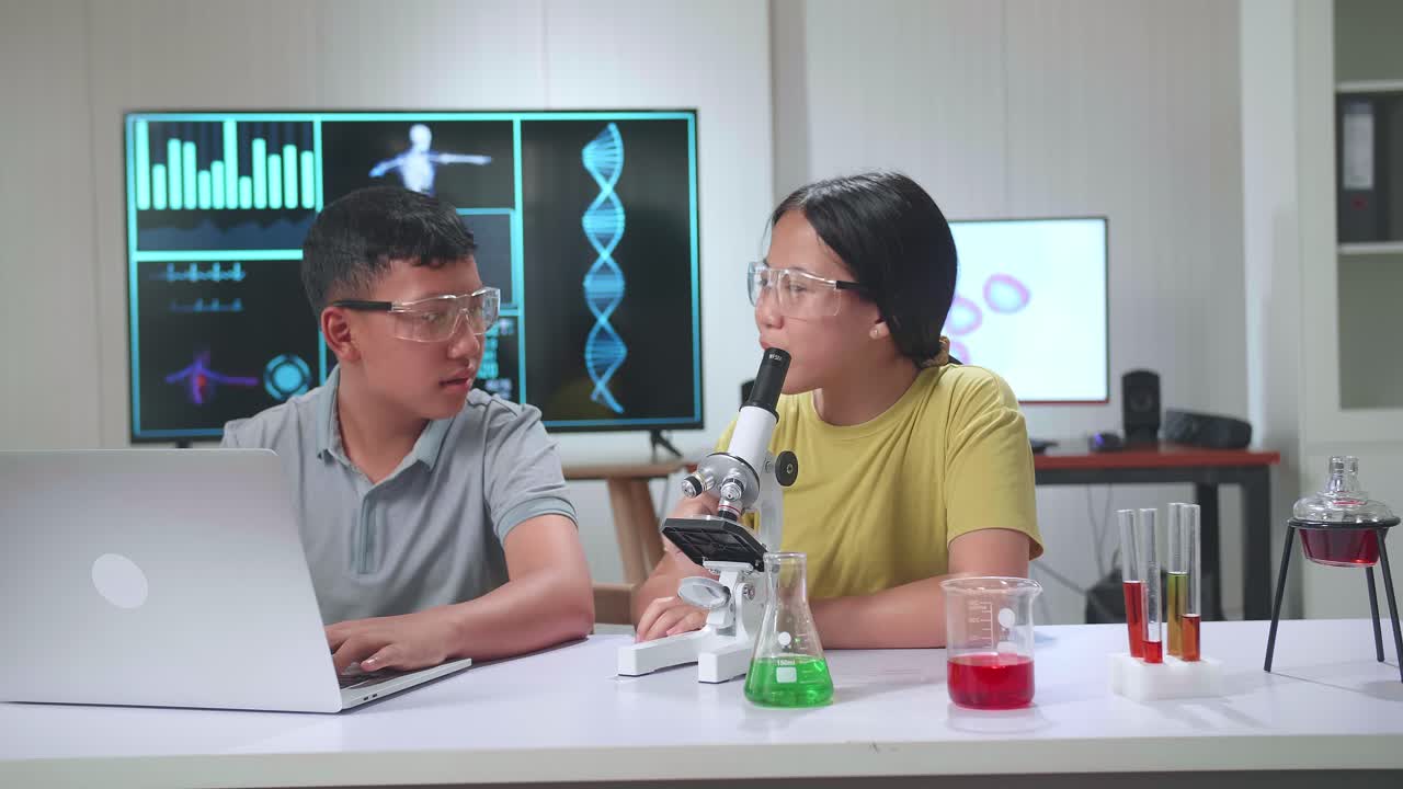 Young Asian Boy And Girl Learning Science Experiment In Laboratory At Classroom. Study With Scientific Equipment And A Microscope