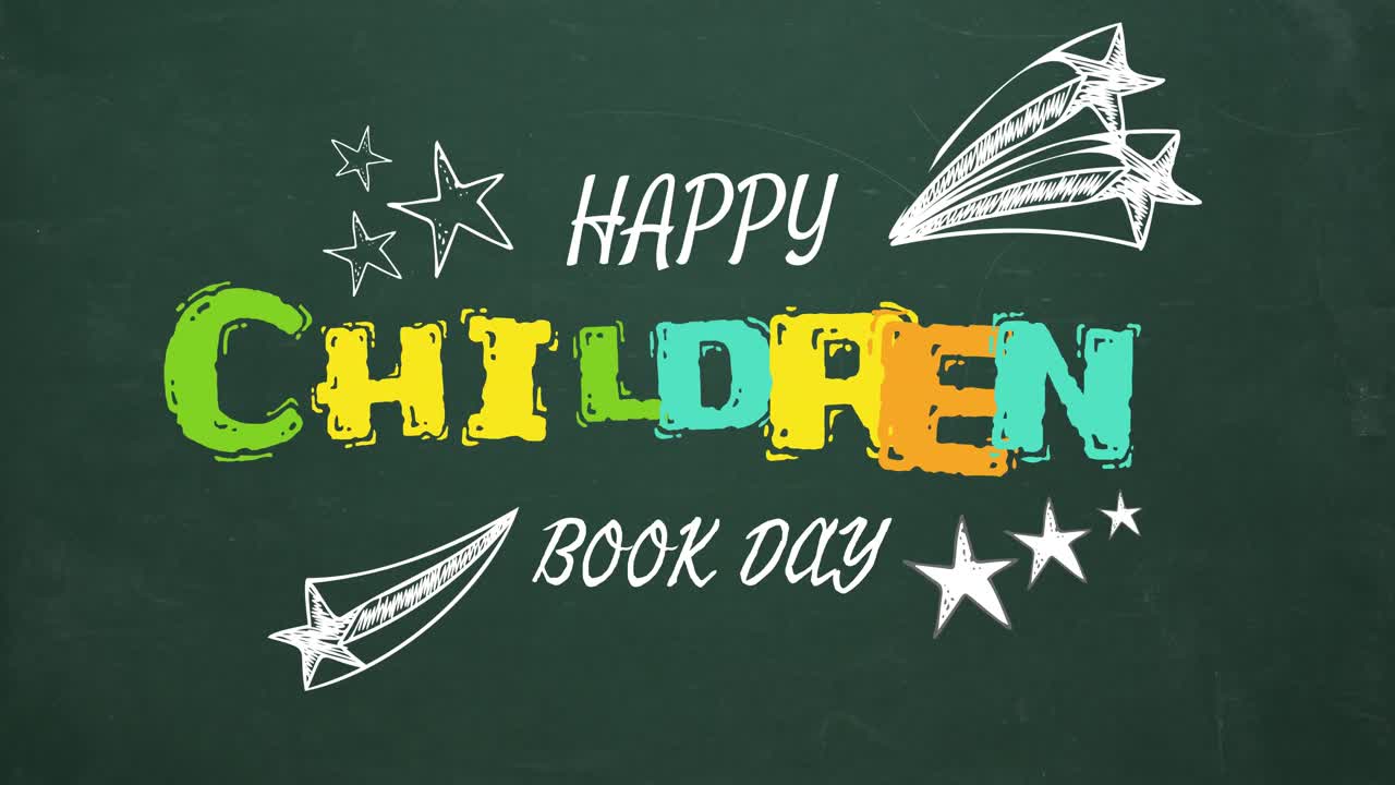 Animation of happy children's book day text over green background