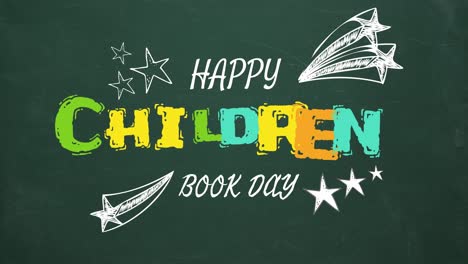 Animation-of-happy-children's-book-day-text-over-green-background