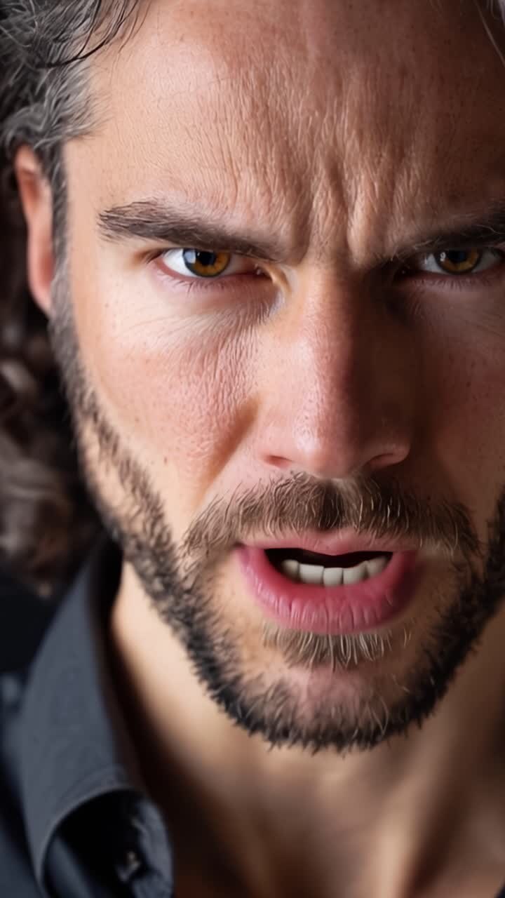 Intenso ritratto ravvicinato di un uomo con capelli scuri e barba, che cattura una forte espressione di determinazione e concentrazione con illuminazione da studio.