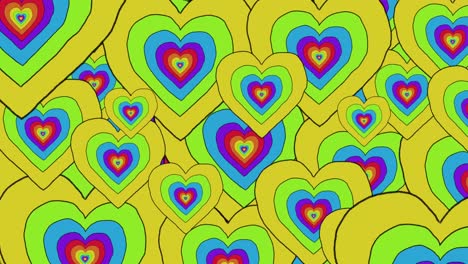 Animation-of-rainbow-hearts-pulsating-on-seamless-loop