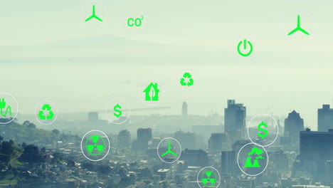 animation of network of eco icons over cityscape