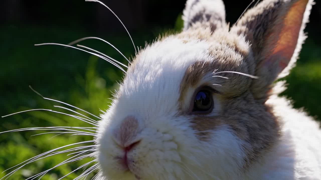 O vídeo captura um coelho branco e fofo em um ambiente natural, com foco na textura macia de sua pelagem