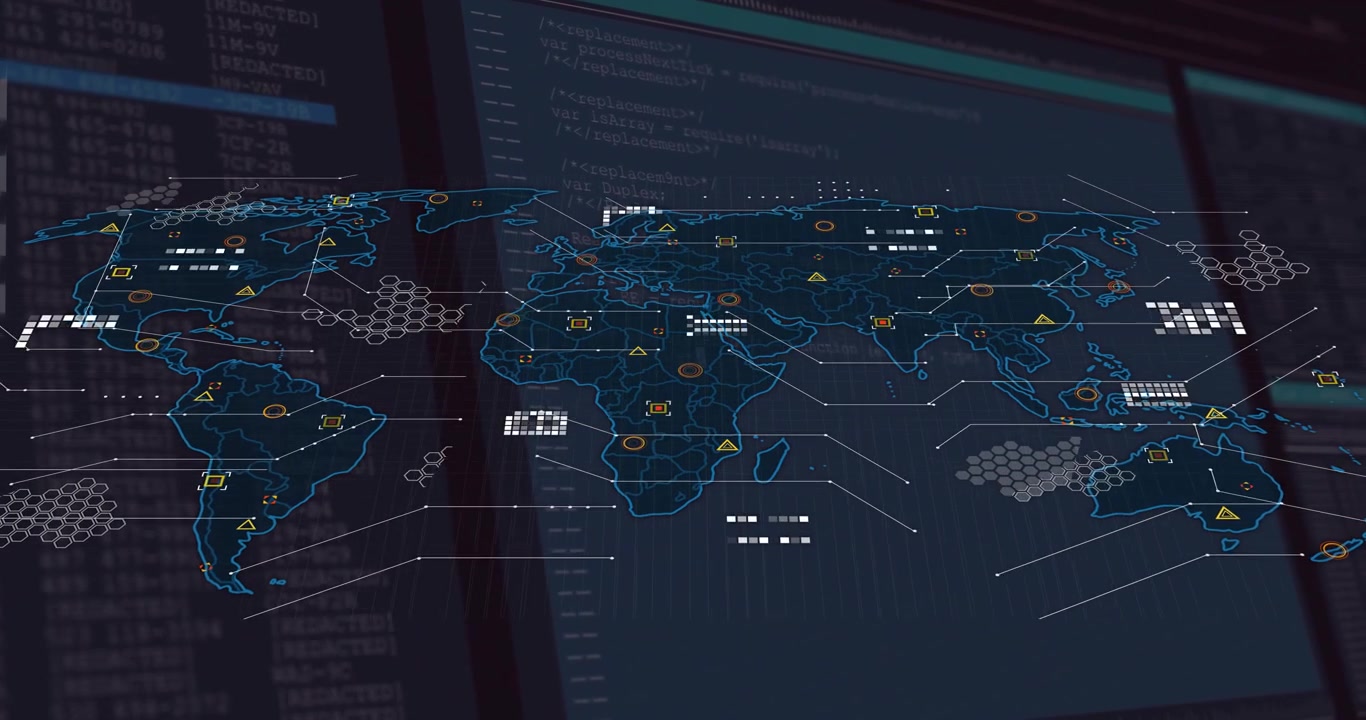 Digital world map overlay expanding, data icons appearing and hex grids pulsing for live monitoring