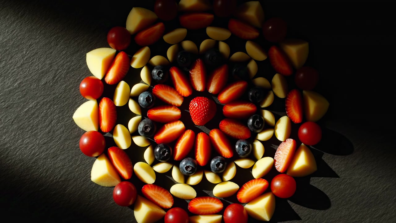 A mid-frame moment shows a hand placing a cheese cube or fruit piece into a circular arrangement of strawberries, blueberries, grapes, and cheese on a dark