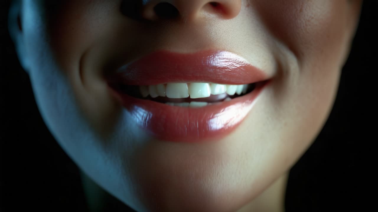 Expressive Close-Up of Glowing Lips and Smile Capturing an Intimate Moment with Soft Lighting and Detailed Texture Enhancements in a Portrait Style
