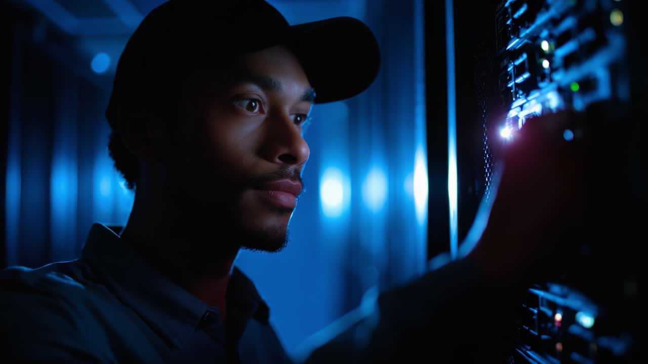 Focused technician working on high-tech server equipment, adjusting connections and monitoring systems in a dimly lit data center illuminated by LED lights