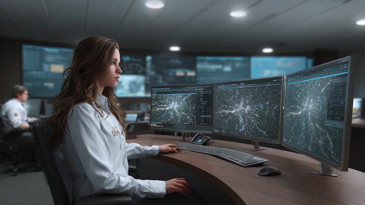 Un analista concentrato in un centro di comando ad alta tecnologia monitora dati e analisi in tempo reale su schermi multipli, dimostrando competenza nella gestione dei dati e nel processo decisionale.