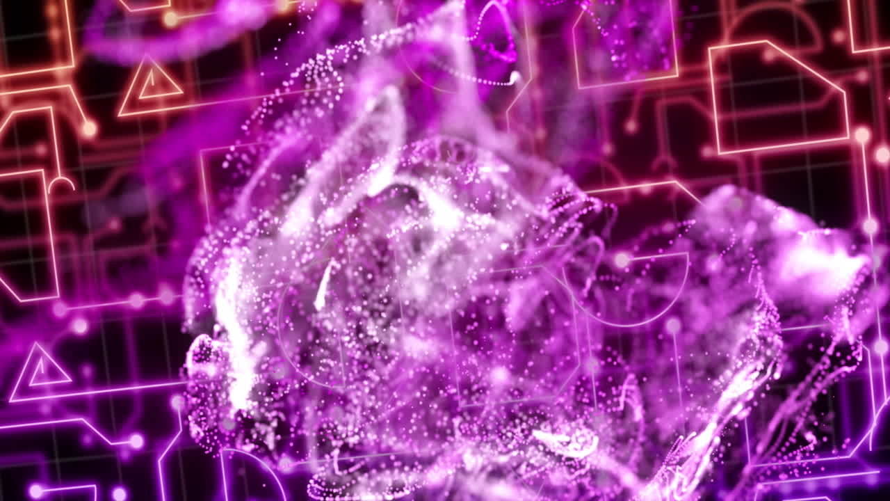 분홍색 mesh, 아이콘 및 회로 보드를 통해 데이터 처리의 애니메이션