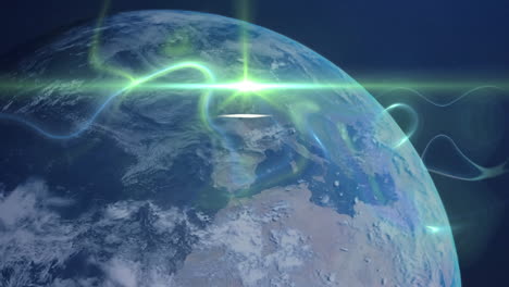 animación de ondas digitales y punto de luz sobre el icono del globo giratorio contra fondo azul